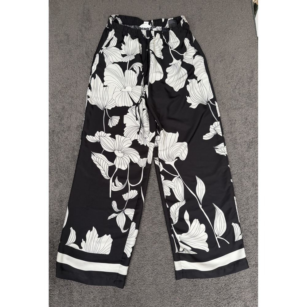 HM Black White Floral Wide Leg Drawstring Pants Size M Pockets Relaxed Summer